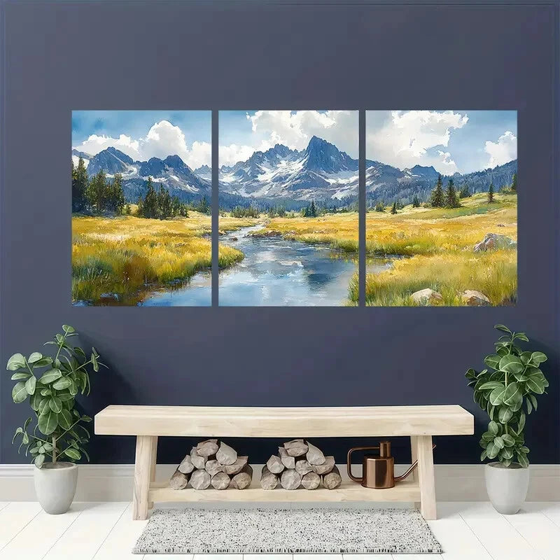 3pcs Watercolor Mountain Valley Landscape Metal Print Ready to Hang Art