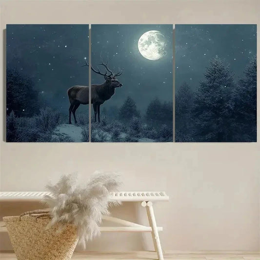 3pcs Serene Winter Forest Scene with Stag Wall Art Set Canvas Framed 40x60cm - High Quality Print 100% Australian Made Wall Canvas Ready to Hang