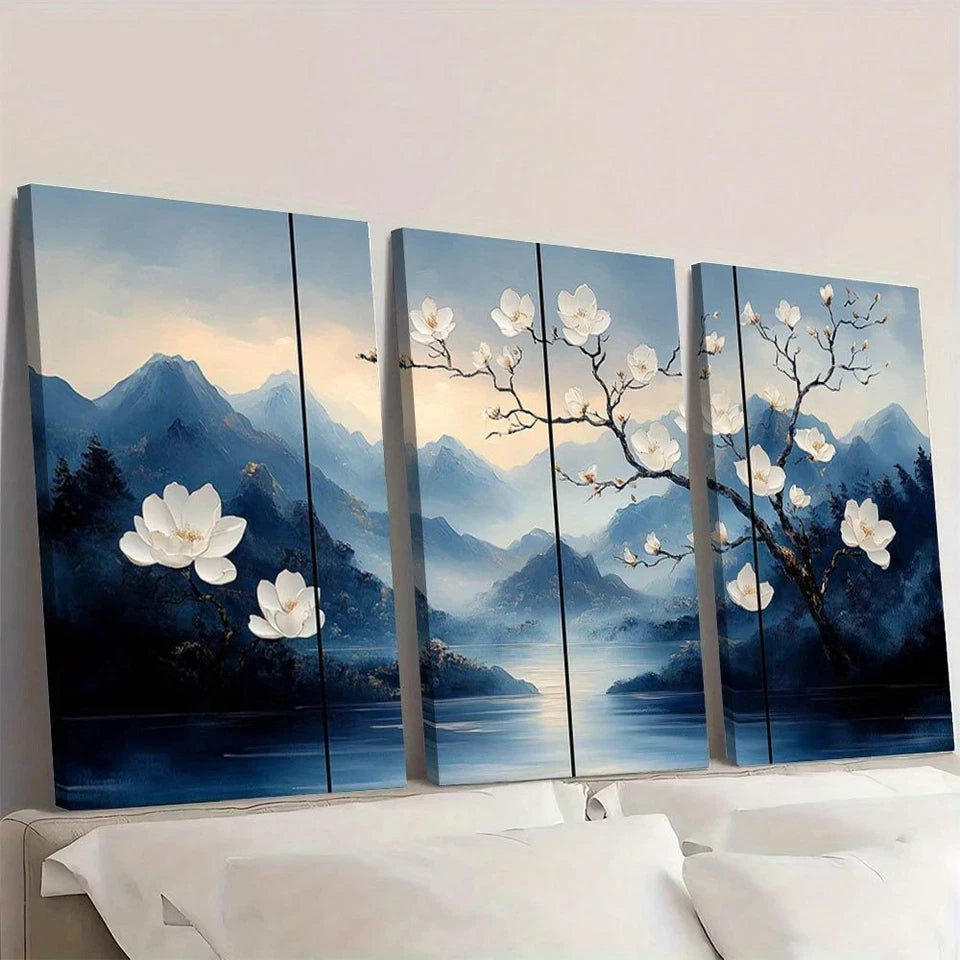 Five-panel wall art depicting a mountain landscape with white flowers.