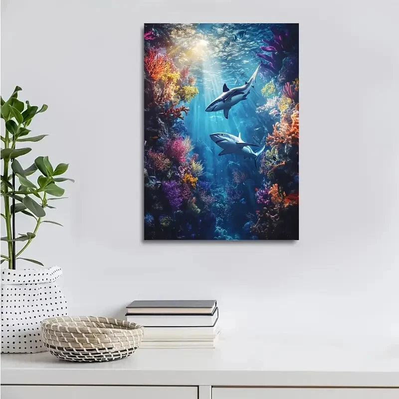 Vibrant Underwater Shark Wrestling Painting 40x60cm Metal Print Ready to Hang