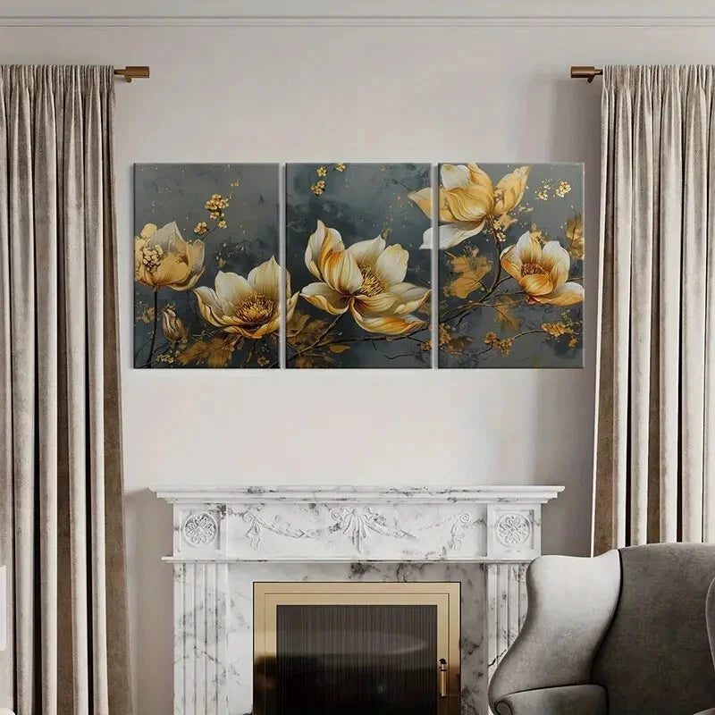3pcs Elegant Golden Floral Metal Print Ready to Hang Art