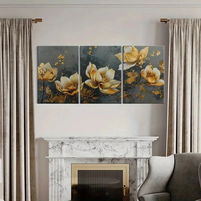 3pcs Elegant Golden Floral Metal Print Ready to Hang Art