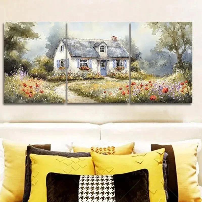 3pcs An Old White Cottage Wall Art Set Canvas Framed 60x90cm - High Quality Print 100% Australian Made Wall Canvas Ready to Hang