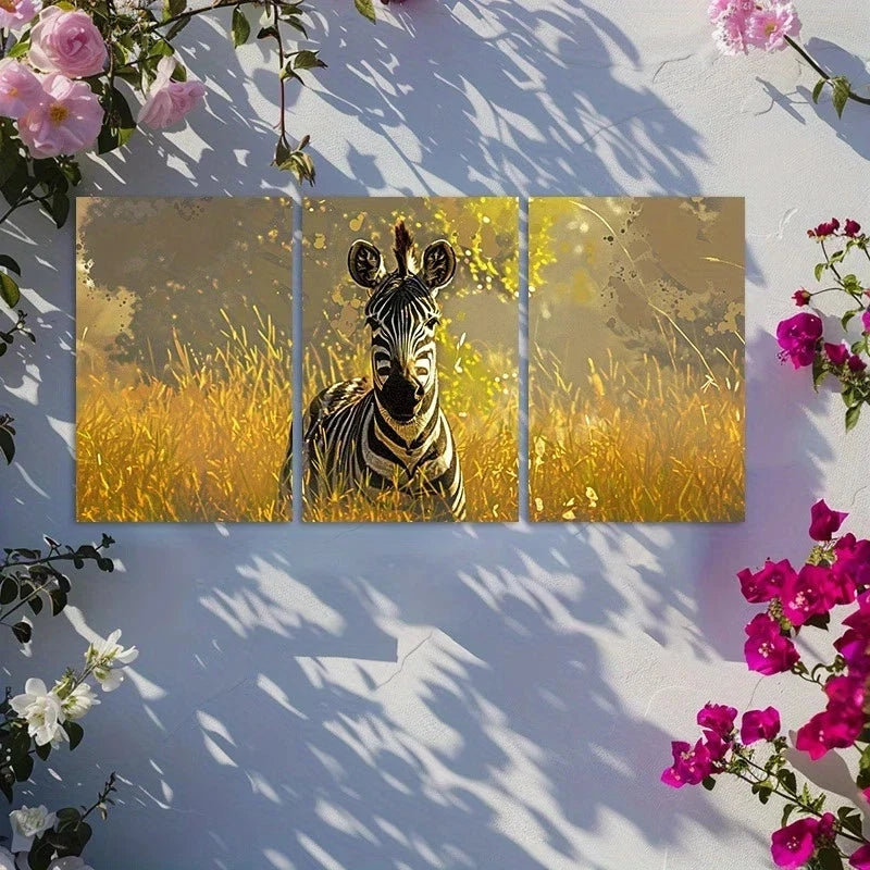 3pcs Zebra in Golden Grass Metal Print Ready to Hang Art