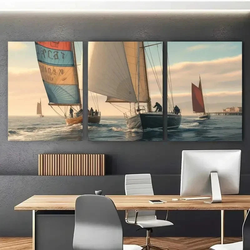 3pcs Sailboats Seascape Decorations Painting Metal Print Ready to Hang Art