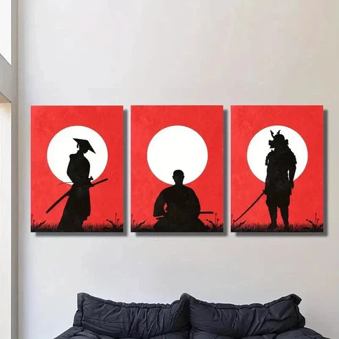 3pcs Red Samurai Silhouette with Sword Wall Art Canvas Unframed - High Quality Print 100% Australian Made Wall Canvas