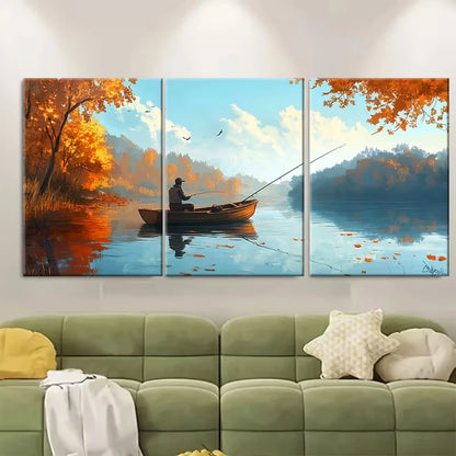 3pcs Wooden Boat Fisherman, Tranquil Water Scene Metal Print Ready to Hang Art