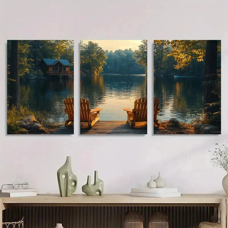 3pcs Lake House Scenery with Wooden Chairs Wall Art Set Canvas Framed 40x60cm - High Quality Print 100% Australian Made Wall Canvas Ready to Hang