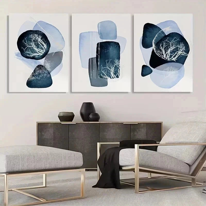 3pcs Navy Blue and White Abstract Metal Print Ready to Hang Art