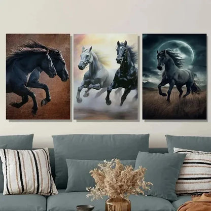 3pcs Galloping Horses Modern Black Wall Art Set Canvas Unframed - High Quality Print 100% Australian Made Wall Canvas