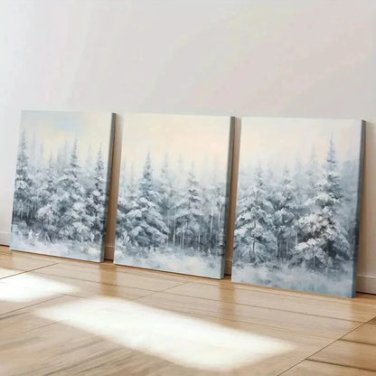 3pcs Winter Forest Snowy Trees Landscape Wall Art Set Canvas Framed 50x70cm - High Quality Print 100% Australian Made Wall Canvas Ready to Hang