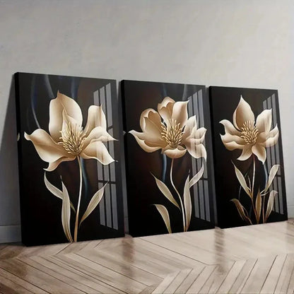 3pcs Abstract Black and Golden Floral Wall Art Set Canvas Framed 60x90cm - High Quality Print 100% Australian Made Wall Canvas Ready to Hang