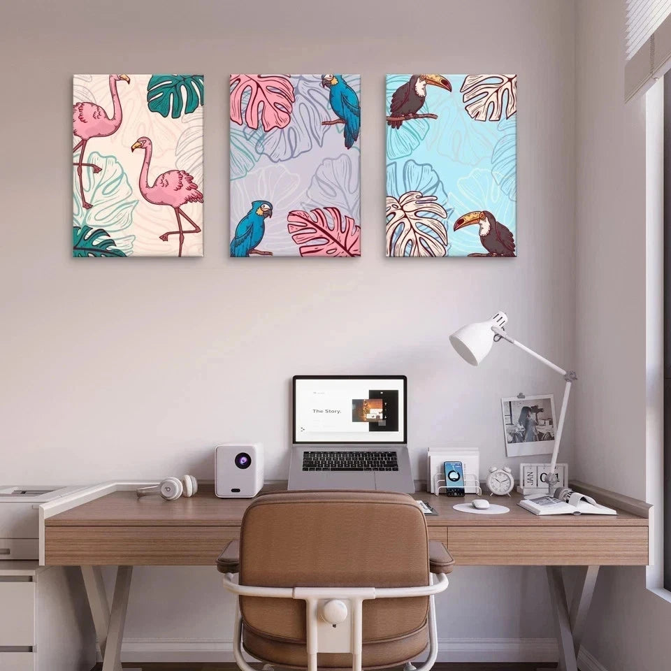3pcs Tropical Birds and Jungle Leaves Kids Wall Art Set Canvas Framed 50x70cm - High Quality Print 100% Australian Made Wall Canvas Ready to Hang