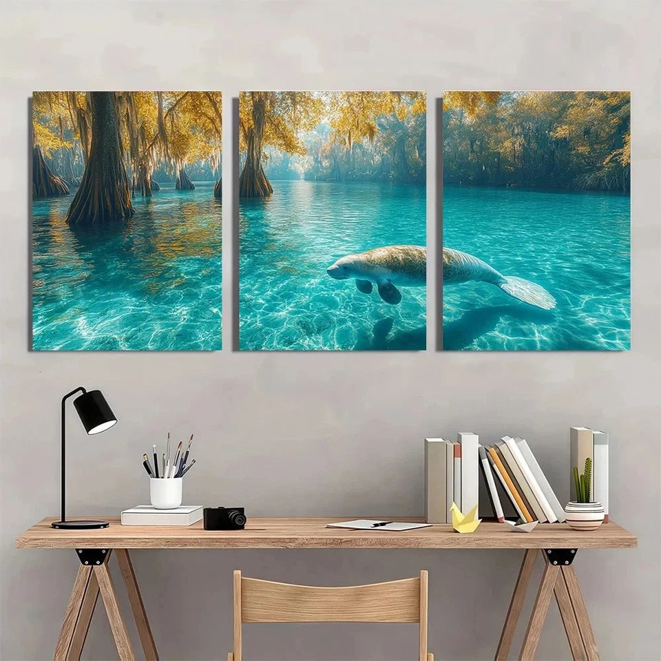 3pcs Serene Manatee Crystal Clear Waters Wall Art Set Canvas Framed 40x60cm - High Quality Print 100% Australian Made Wall Canvas Ready to Hang