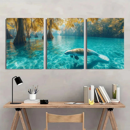 3pcs Serene Manatee Crystal Clear Waters Wall Art Set Canvas Framed 40x60cm - High Quality Print 100% Australian Made Wall Canvas Ready to Hang
