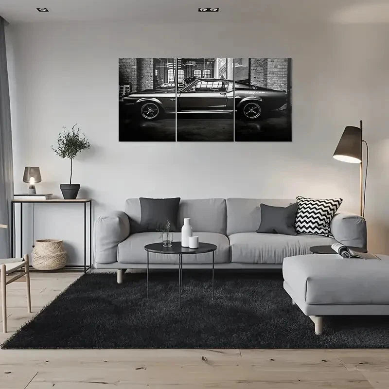 3pcs Black & White Vintage Muscle Car Metal Print Ready to Hang Art