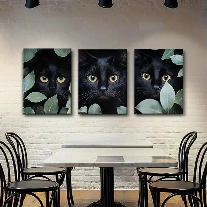 3pcs Mysterious Black Cat Feline Eyes Perfect Wall Art Set Canvas Framed 40x60cm - High Quality Print 100% Australian Made Wall Canvas Ready to Hang