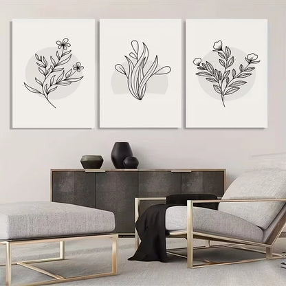 3pcs Minimalist Gray Botanical line drawings Wall Art Set Canvas Framed 60x90cm - High Quality Print 100% Australian Made Wall Canvas Ready to Hang