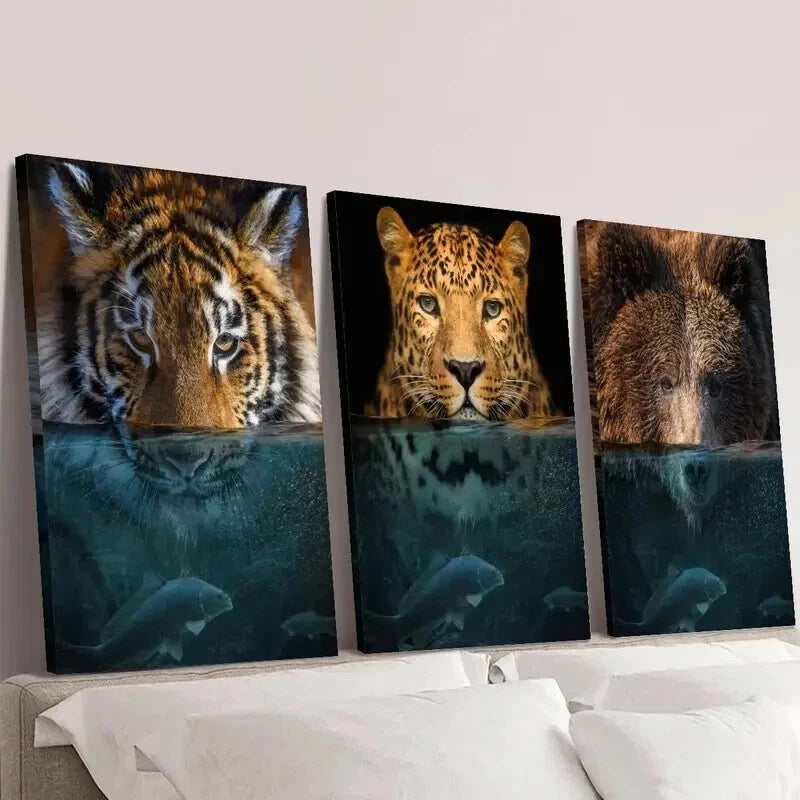 3pcs Underwater Tiger Leopard Grizzly Bear Wall Art Set Canvas Framed 40x60cm - High Quality Print 100% Australian Made Wall Canvas Ready to Hang