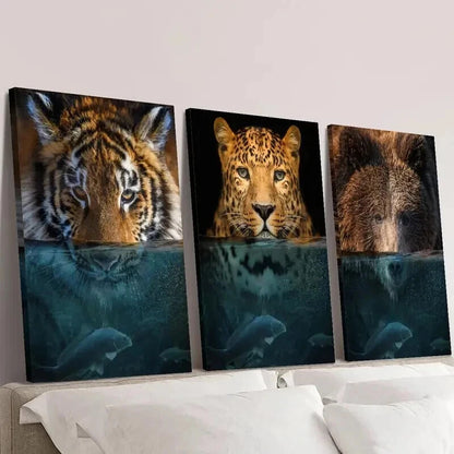 3pcs Underwater Tiger Leopard Grizzly Bear Wall Art Set Canvas Framed 40x60cm - High Quality Print 100% Australian Made Wall Canvas Ready to Hang