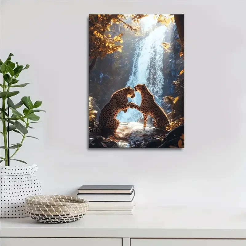 Cyberpunk Cheetahs Playful Scene Painting 40x60cm Metal Print Ready to Hang