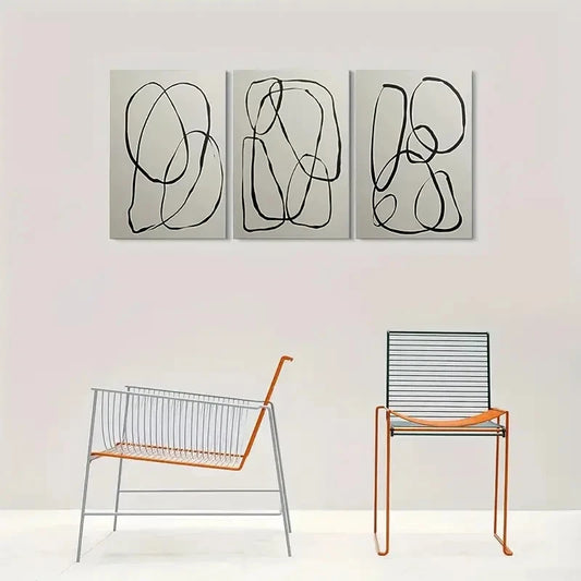 3pcs Black Line Drawings on Light Gray Metal Print Ready to Hang Art