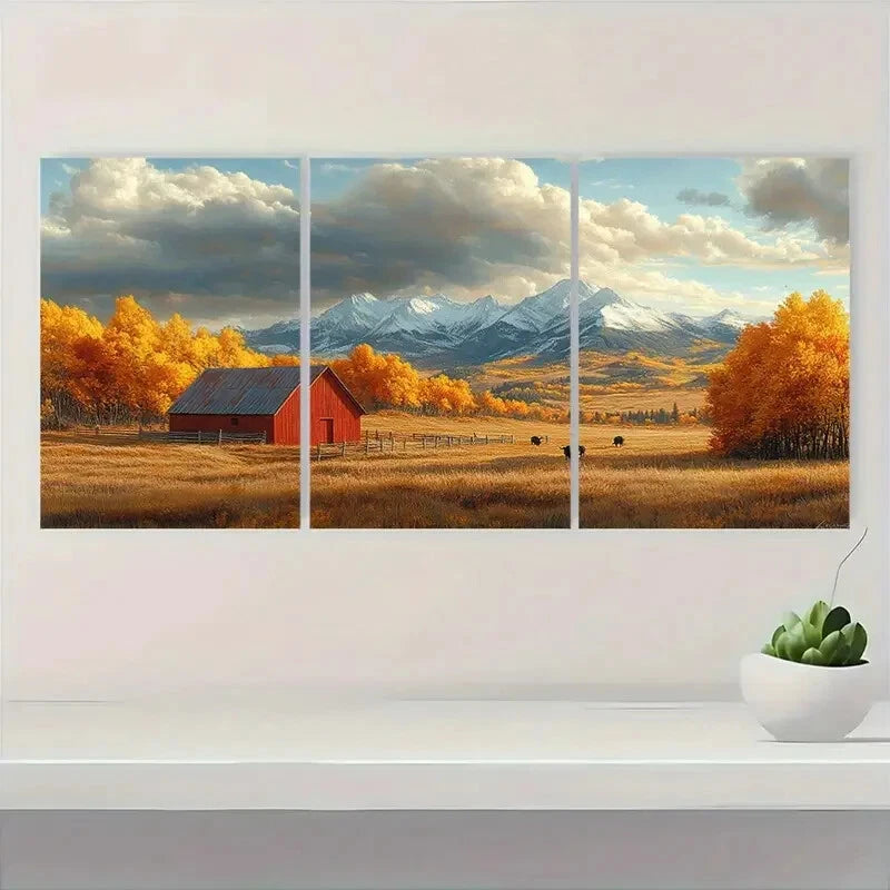 3pcs Herding Cattle Golden Trees Mountain Metal Print Ready to Hang Art