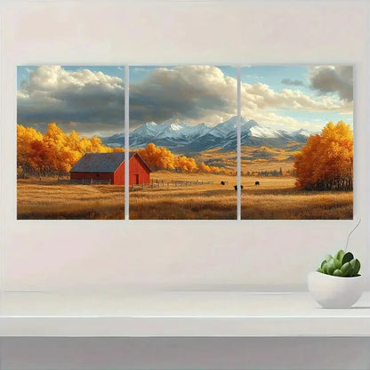 3pcs Herding Cattle Golden Trees Mountain Metal Print Ready to Hang Art