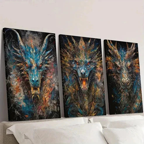 3pcs Colorful Fantasy Dragon Illustrations Wall Art Canvas Unframed - High Quality Print 100% Australian Made Wall Canvas