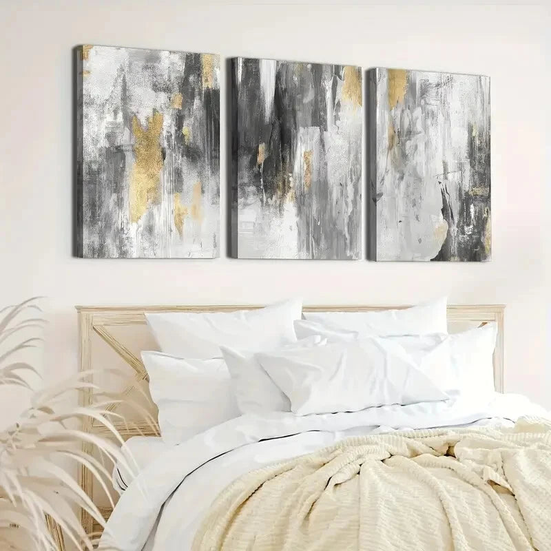 3pcs Golden And Grey Abstract Murals Perfect Wall Art Set Canvas Framed 40x60cm - High Quality Print 100% Australian Made Wall Canvas Ready to Hang