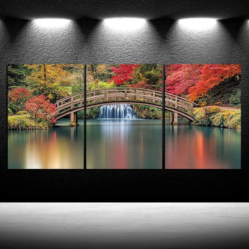 3pcs Waterfalls and Wooden Bridges Red Trees Metal Print Ready to Hang Art