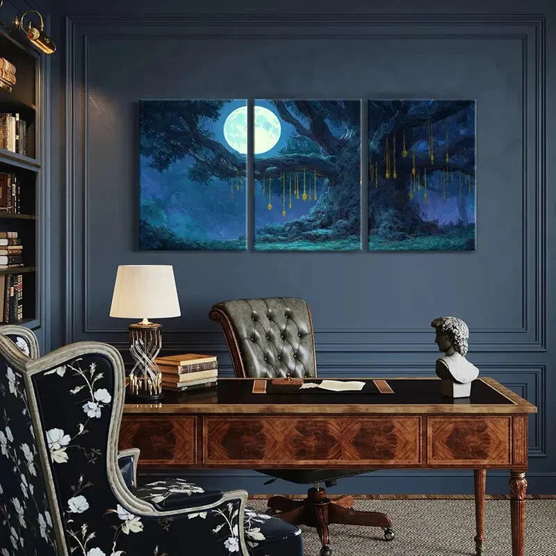 3pcs Enchanting Night Scene with Ancient Tree Metal Print Ready to Hang Art