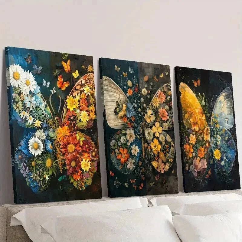 3pcs Butterflies and Botanical Flowers Wall Art Set Canvas Framed 40x60cm - High Quality Print 100% Australian Made Wall Canvas Ready to Hang