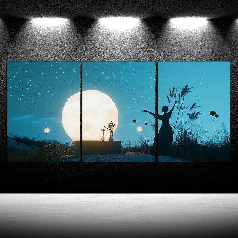 3pcs Dancing Under The Starry Sky Blue Themed Metal Print Ready to Hang Art