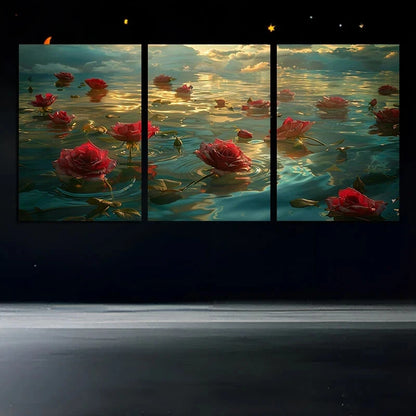 3pcs Rose River Blue Sky White Clouds Metal Print Ready to Hang Art