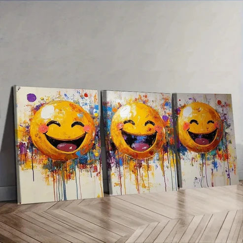 3pcs happy yellow joyful faces Wall Art Set Canvas Unframed - High Quality Print 100% Australian Made Wall Canvas