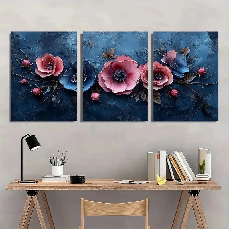 3pcs Complex Elegant Floral Pink & Blue Metal Print Ready to Hang Art