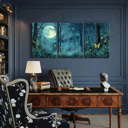 3pcs Enchanted Night Scene with Glowing ButterfliesMetal Print Ready to Hang Art