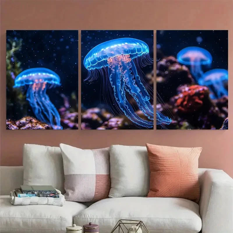 3pcs Neon Blue Jellyfish Aquarium Perfect Wall Art Set Canvas Framed 60x90cm - High Quality Print 100% Australian Made Wall Canvas Ready to Hang
