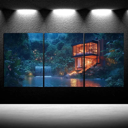 3pcs The Glass House by the River Nature Metal Print Ready to Hang Art