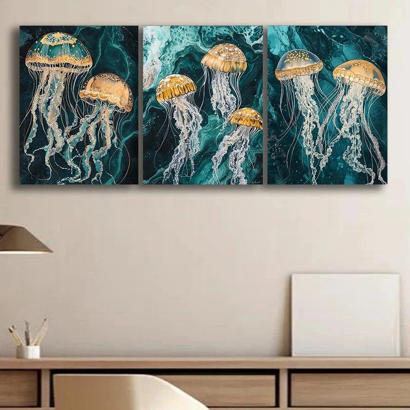 3pcs Contemporary Jellyfish Vibrant Teal & Orange Metal Print Ready to Hang Art