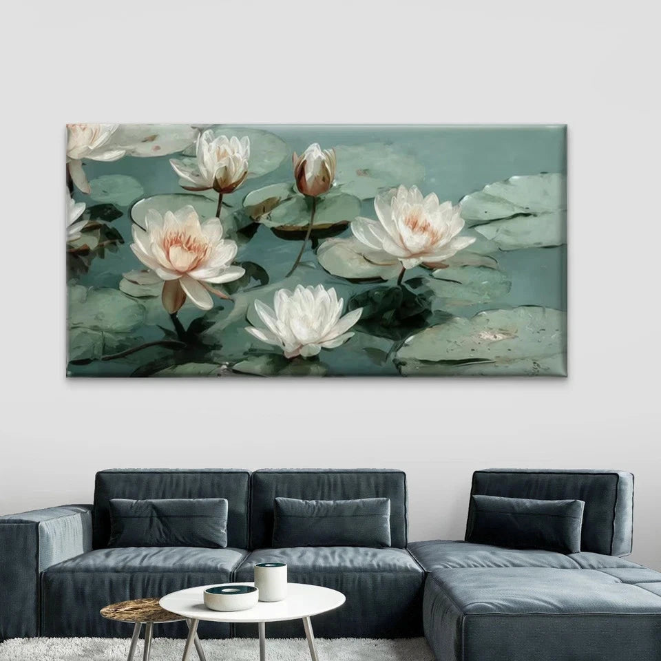 Elegant Water Lily Pond Wall Art Canvas Office Home Room Framed 120x60cm