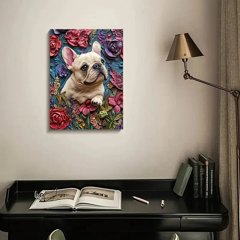 French Bulldog Surrounded by Heart Painting 40x60cm Metal Print Ready to Hang
