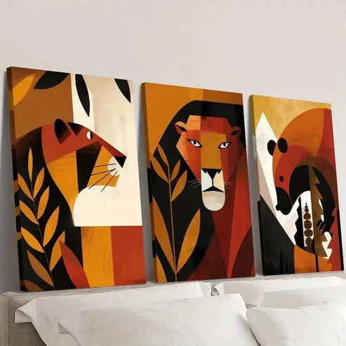 3pcs Geometric Lions Bears Plants Illustrations Wall Art Canvas Unframed - High Quality Print 100% Australian Made Wall Canvas