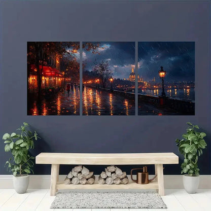 3pcs Rainy Evening Scene with Eiffel Tower Wall Art Set Canvas Framed 40x60cm - High Quality Print 100% Australian Made Wall Canvas Ready to Hang
