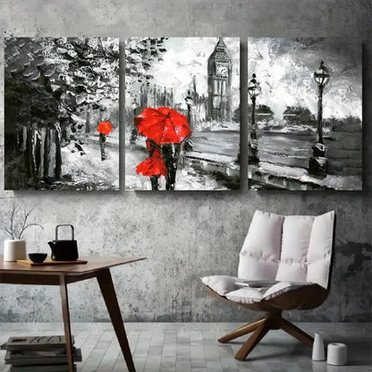 3pcs Black and White Street with Red Umbrellas Metal Print Ready to Hang Art