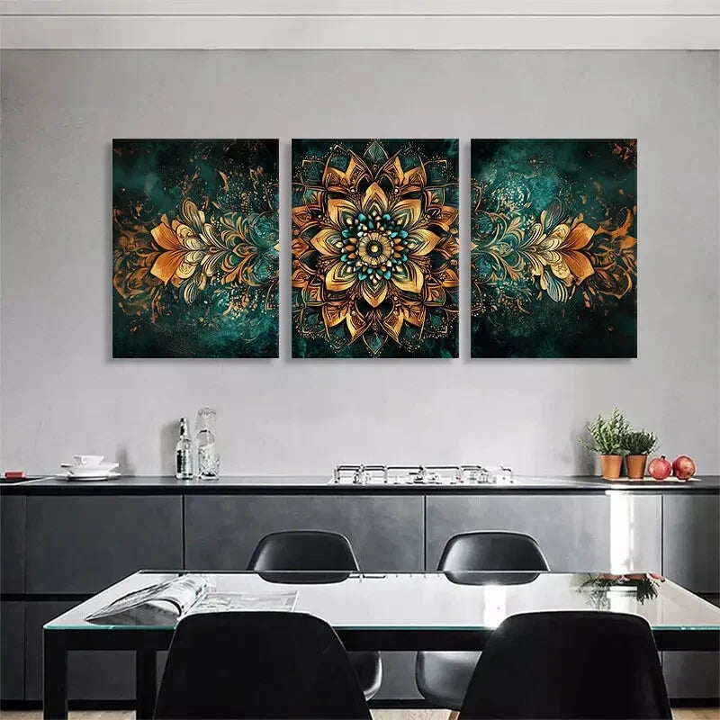 3pcs Golden Mandala Geometric Panel Perfect Wall Art Set Canvas Framed 40x60cm - High Quality Print 100% Australian Made Wall Canvas Ready to Hang