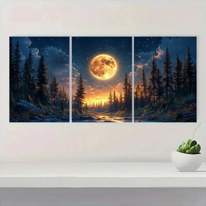 3pcs Nighttime Scene with Full Moon Metal Print Ready to Hang Art