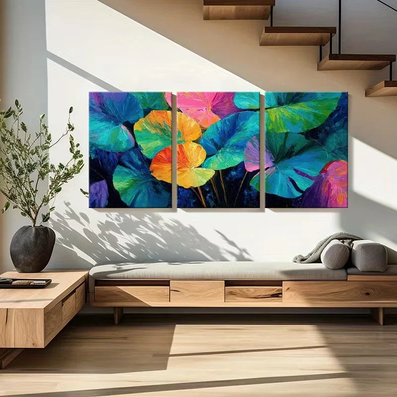 3pcs Colorful Lotus Leaves Abstract Design Wall Art Set Canvas Framed 50x70cm - High Quality Print 100% Australian Made Wall Canvas Ready to Hang