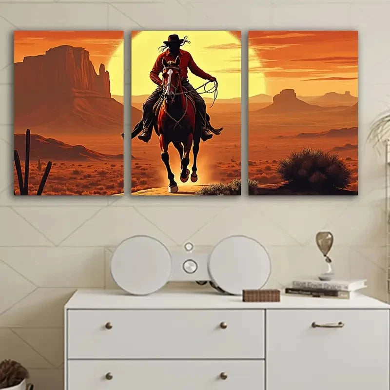3pcs Cowboy Riding Horse In Desert Wall Art Set Canvas Framed 50x70cm - High Quality Print 100% Australian Made Wall Canvas Ready to Hang